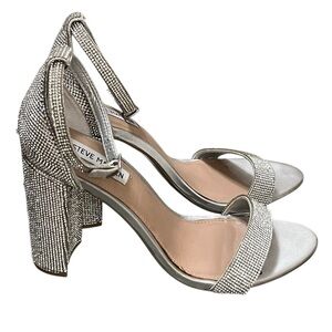 Steve Madden Carrson silver rhinestone ankle strap block heels party holiday
